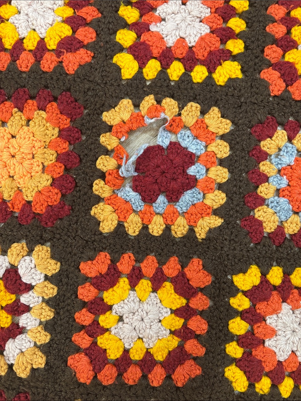 Handmade Crochet Granny Square Blanket in Brown, Orange, Yellow, Red, Blue - Picture 4 of 6